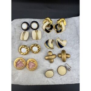 Vintage Clip On Earrings Lot Gold Tone Navy White Enamel 8 Sets